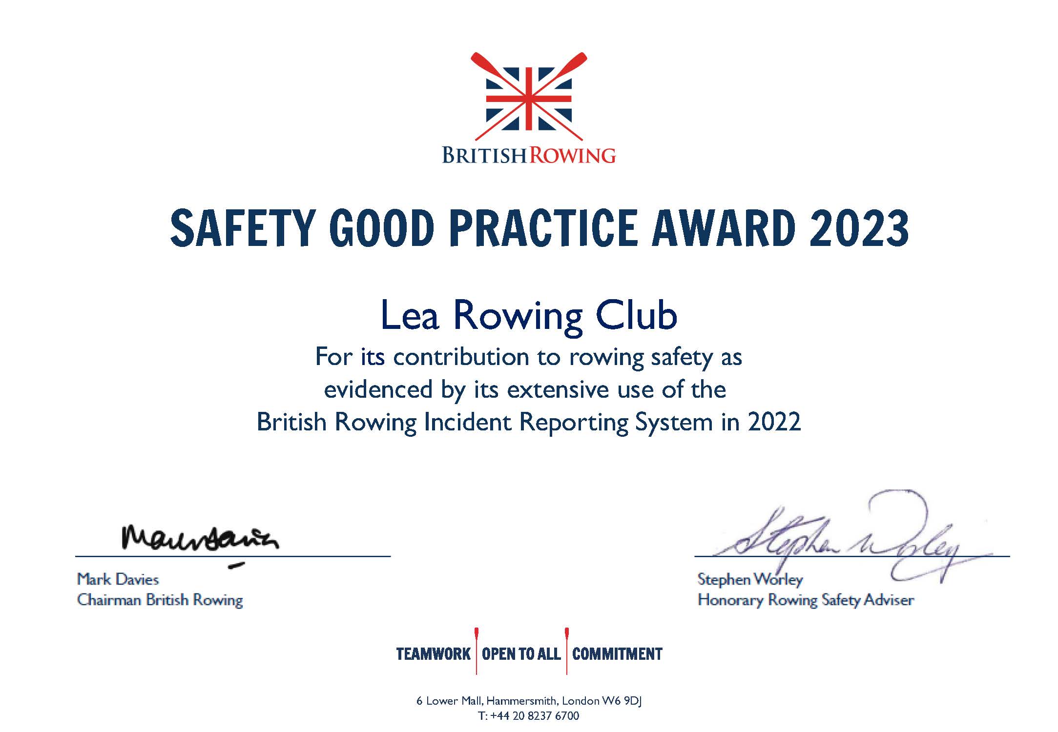 Lea Rowing Club – Safety Award